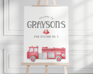 firetruck party welcome sign on easel