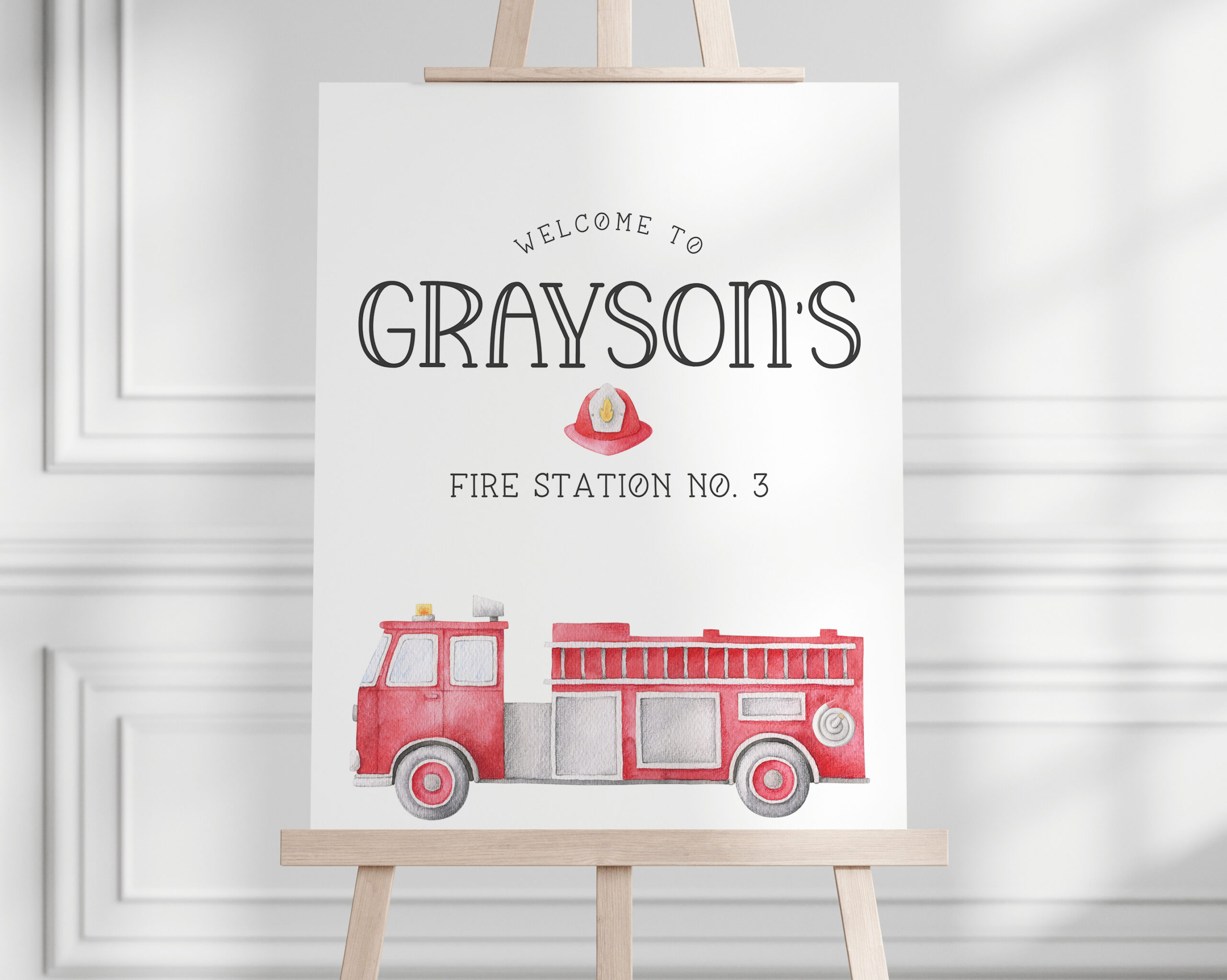 firetruck party welcome sign on easel