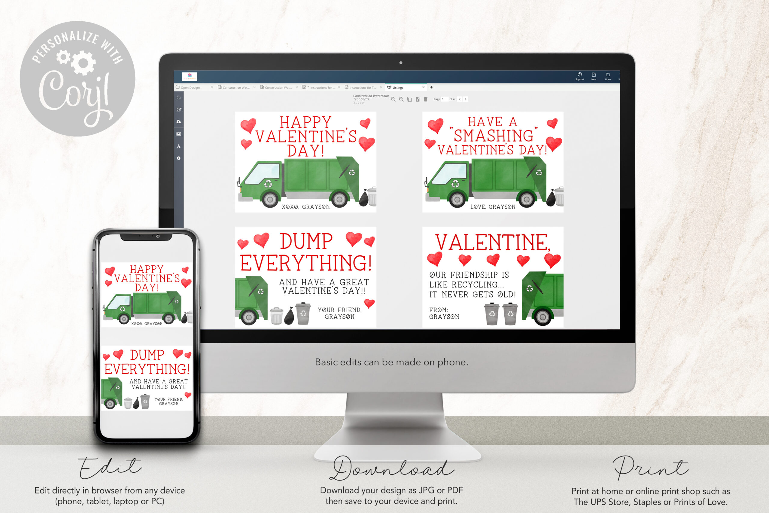 Garbage Truck Valentine Cards - EDITABLE TEMPLATE - Image 6