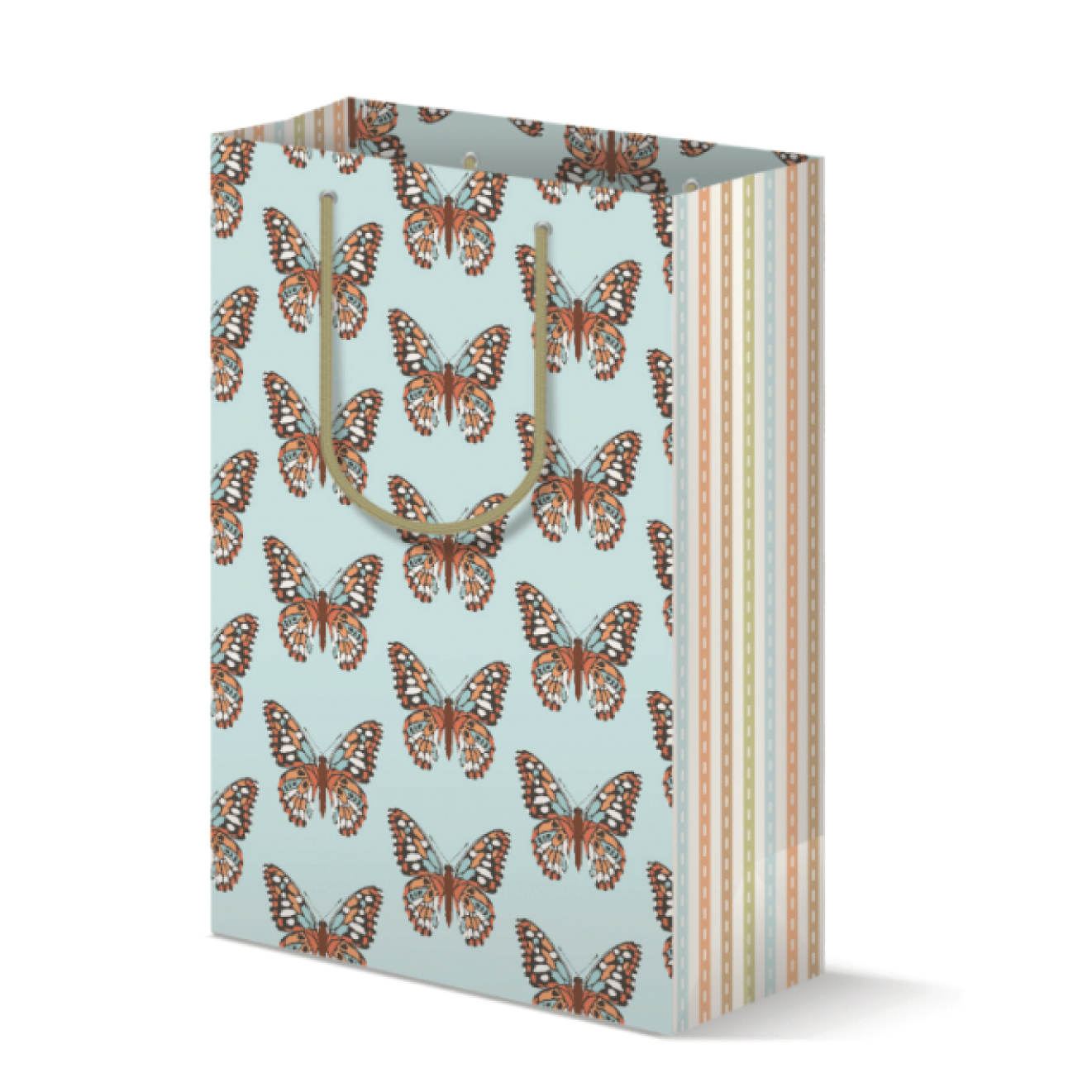 Gift bag with a light blue butterfly print on front/back and pastel stripes on the side panels