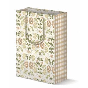 Gift bag with a neutral toned floral print on front/back and a tan gingham plaid on side panels