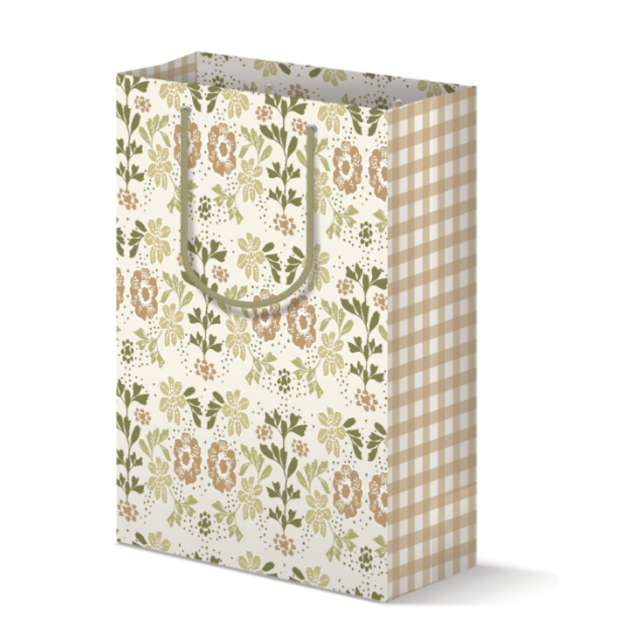 Gift bag with a neutral toned floral print on front/back and a tan gingham plaid on side panels