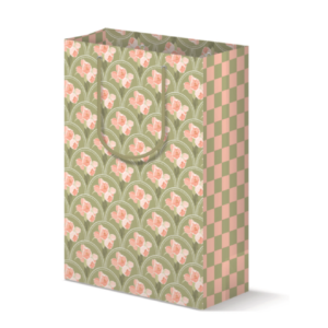 Gift bag with a pink and green floral print on front/back and a pink & green check on the side panels
