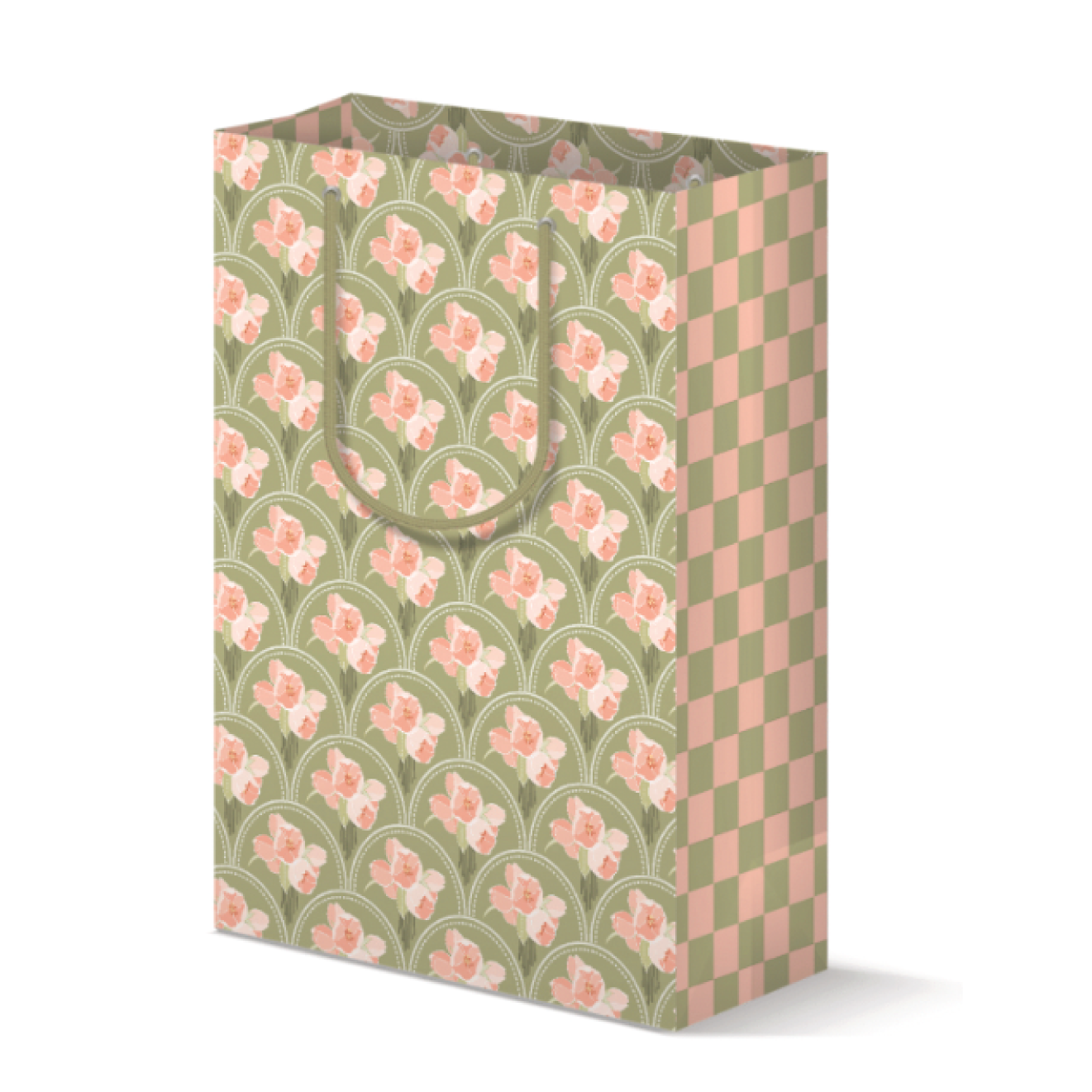 Gift bag with a pink and green floral print on front/back and a pink & green check on the side panels