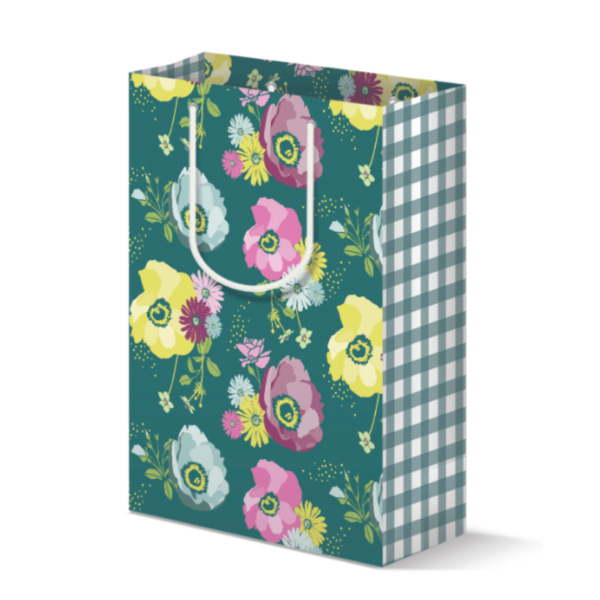 Mixed Print Gift Bag in Teal Floral-Gingham