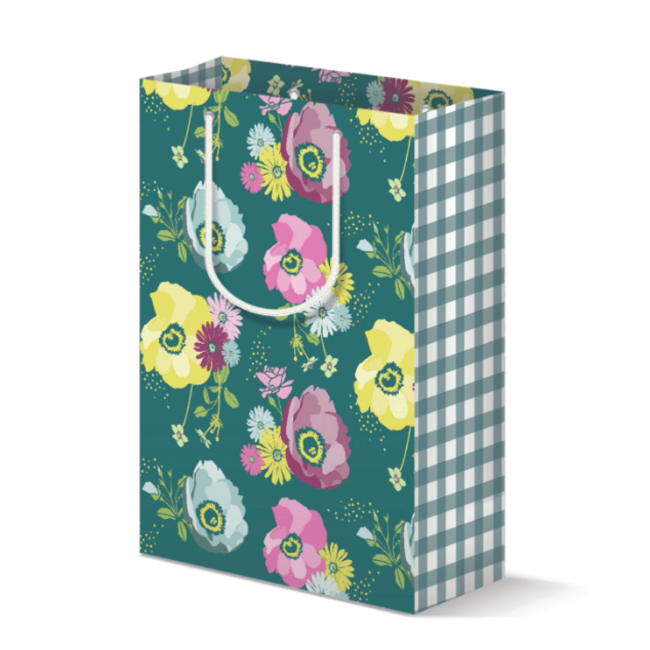 Gift bag with teal floral print on front/back and teal gingham plaid on the side panels