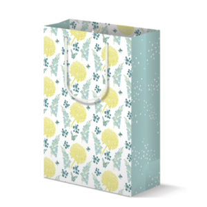 Gift bag with yellow floral print on the front/back and blue dot print on the side panels