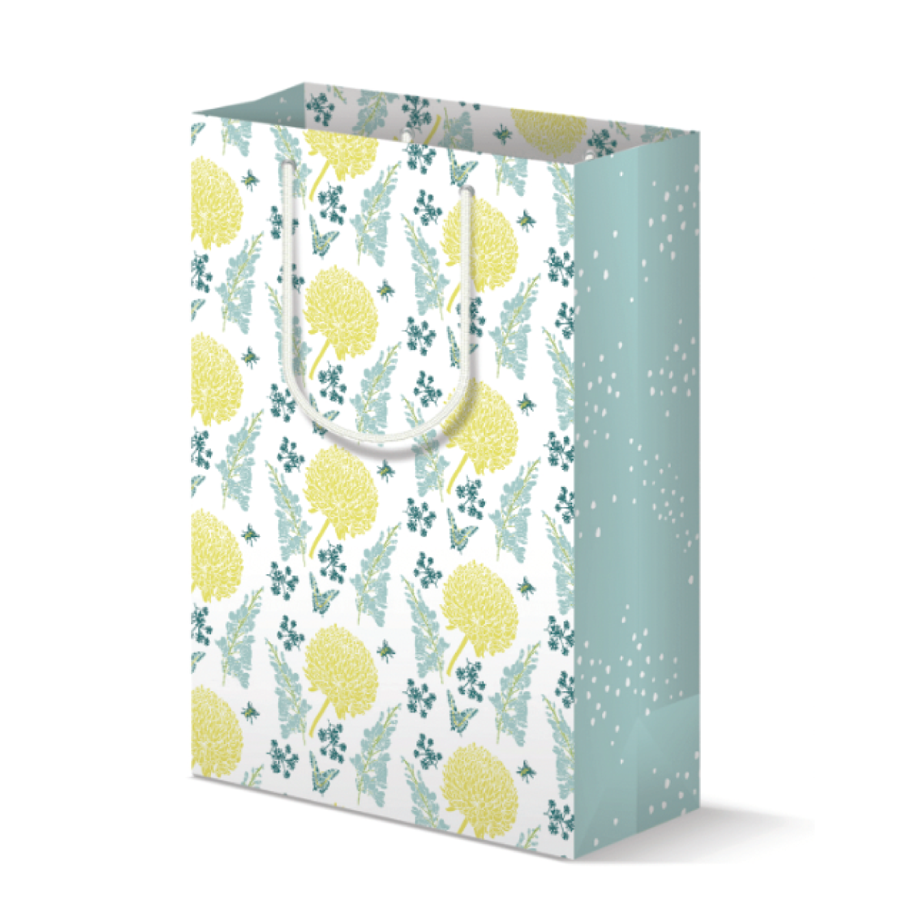 Gift bag with yellow floral print on the front/back and blue dot print on the side panels