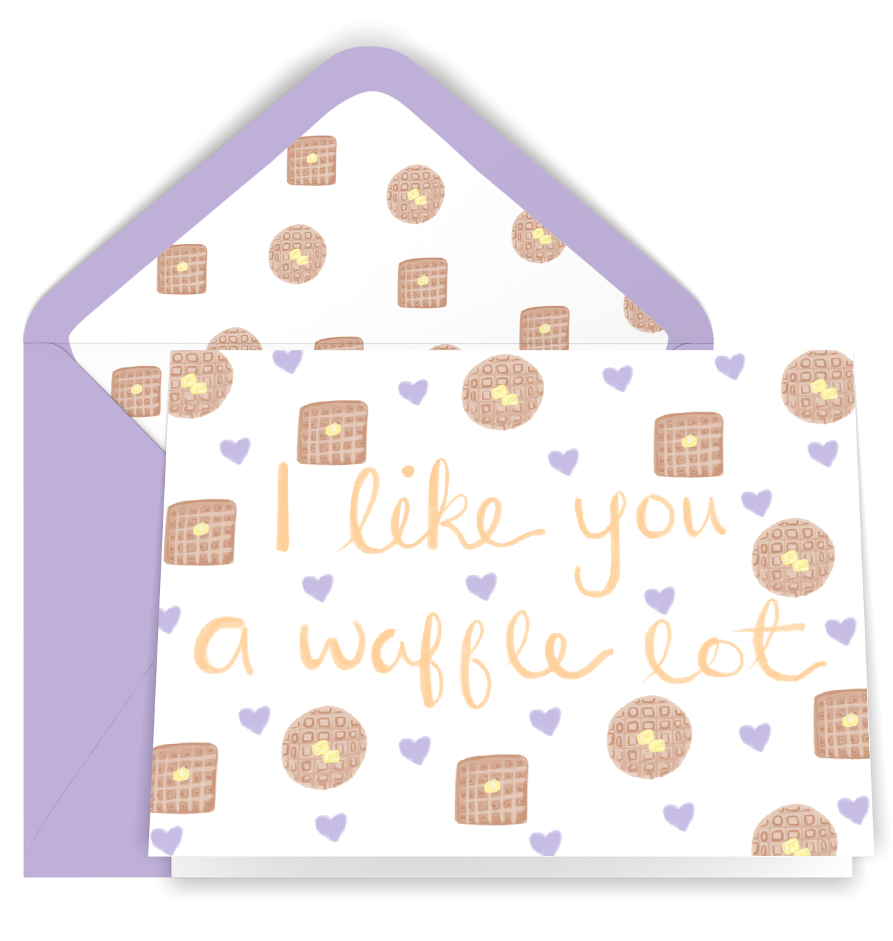 Our waffle blank card displayed with a purple envelope. The card has our illustrated waffle heart pattern and the lettered words I Like You A Waffle Lot The envelope is lined with our waffle pattern.
