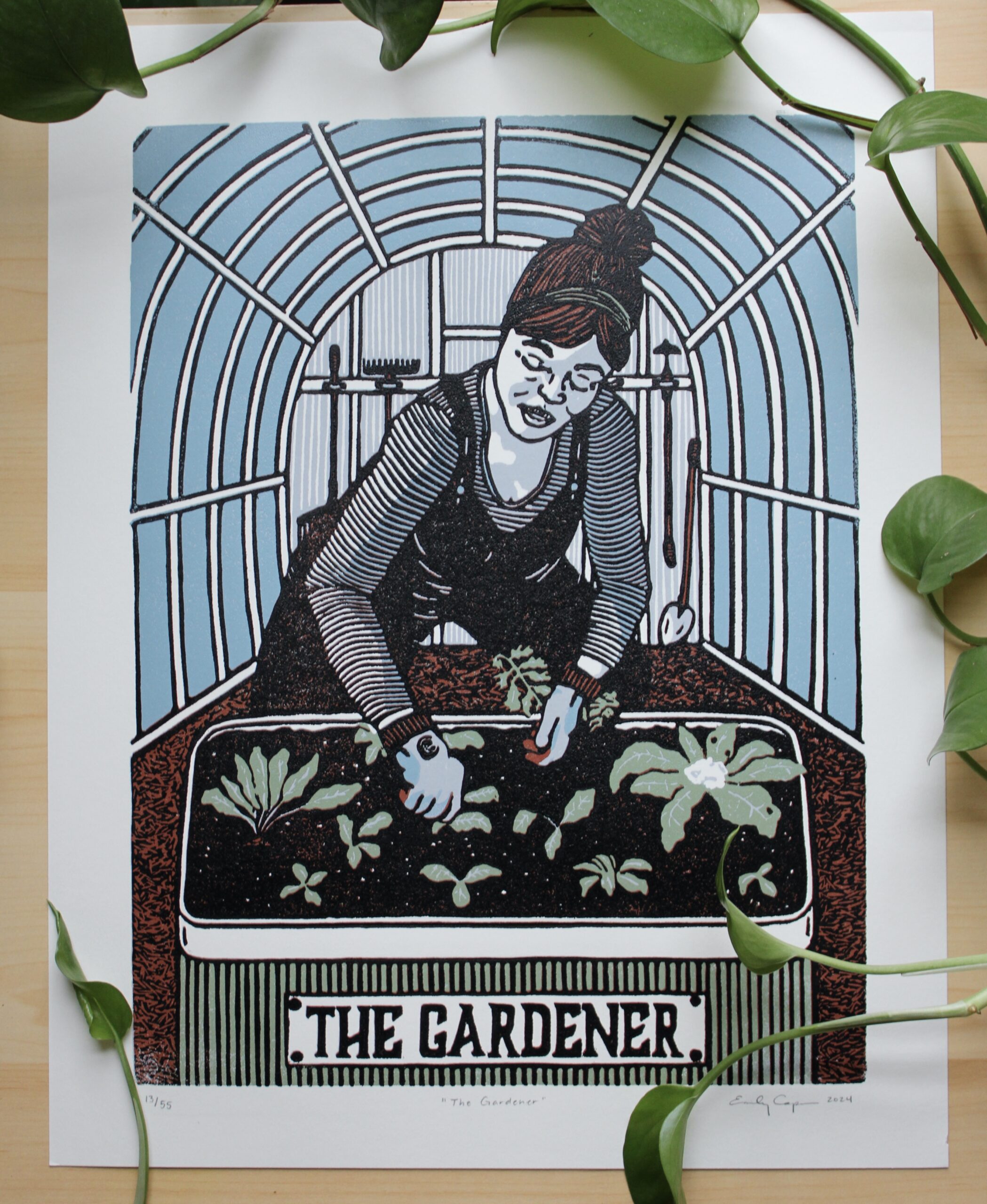 "The Gardener" Original Limited Edition Reduction Linoleum Block Print - Oracle Deck Series - Image 2