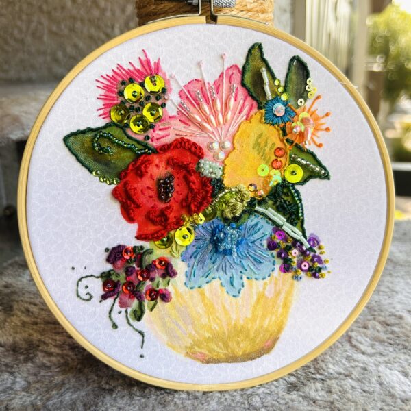 Original Hand Painted & Embroidery: Yellow vase with a bunch of flowers and bling