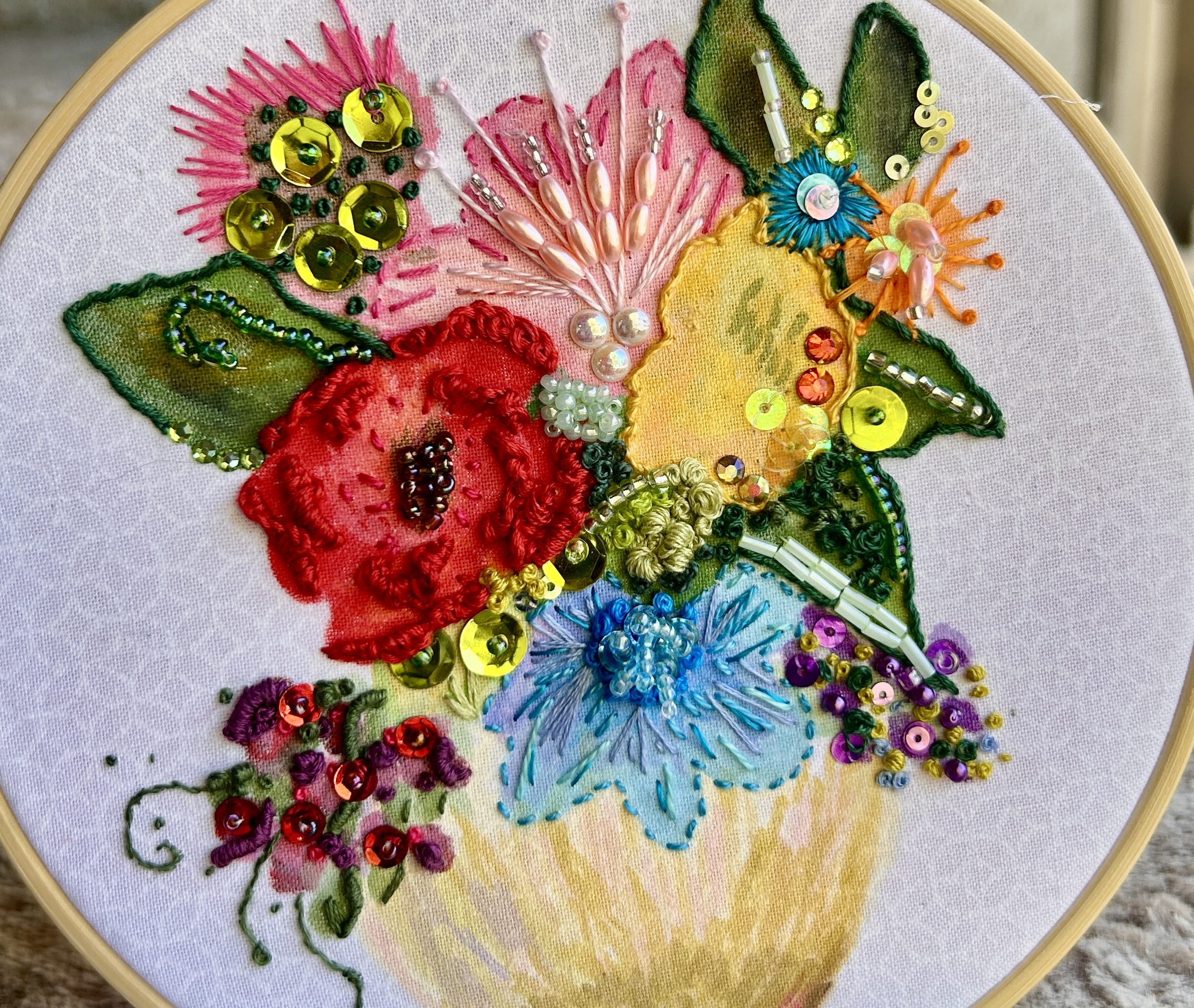 Original Hand Painted & Embroidery: Yellow vase with a bunch of flowers and bling - Image 2