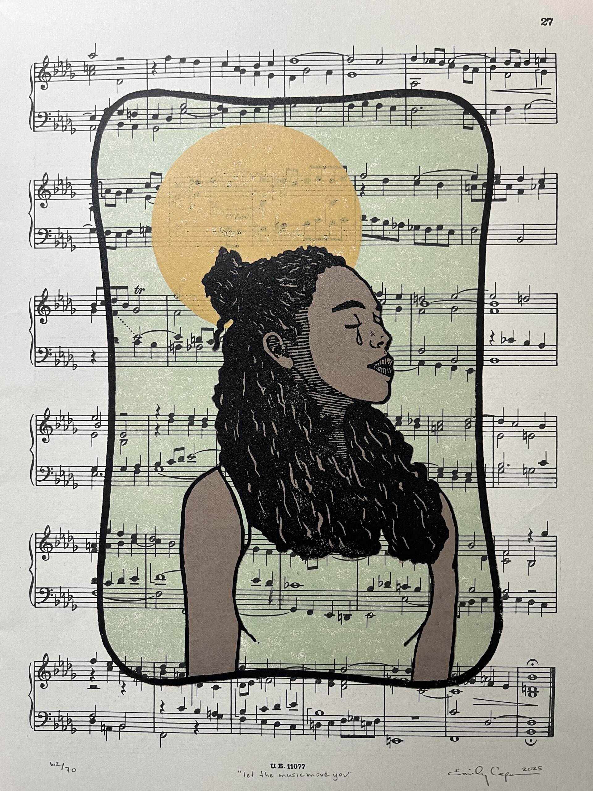 “Let the music move you” limited edition reduction linoleum block print - music sheet art - Image 2