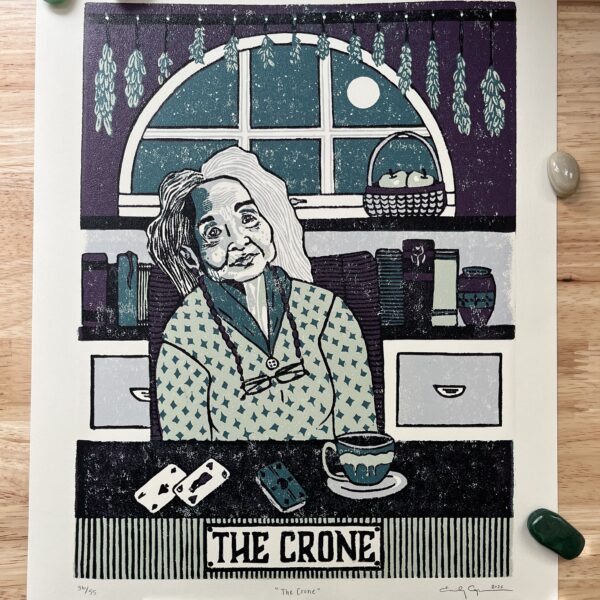 “The Crone” limited edition reduction linoleum block print – Oracle deck linocut