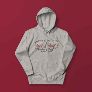 A gray hoodie with a design that reads LOVE LOVE