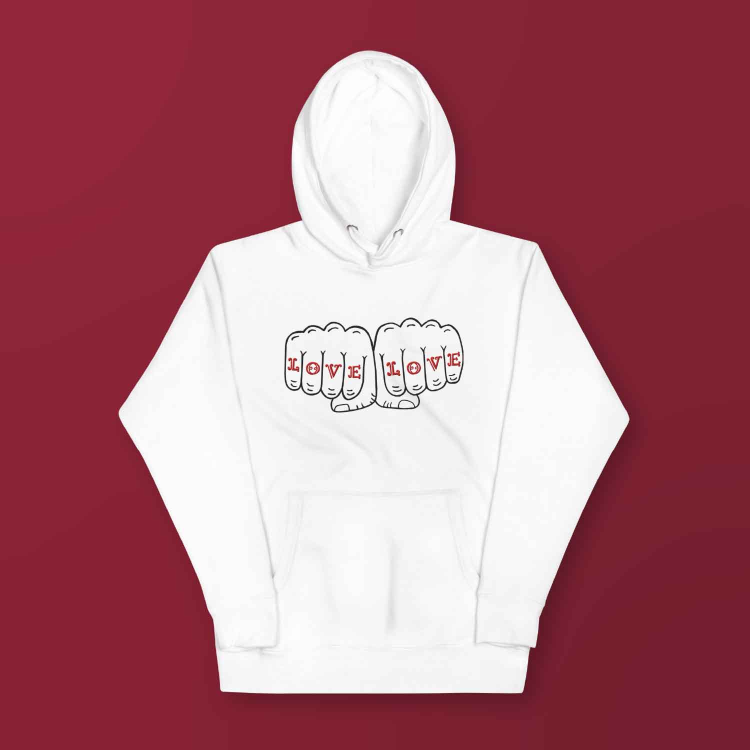 A white hoodie with a design that reads LOVE LOVE