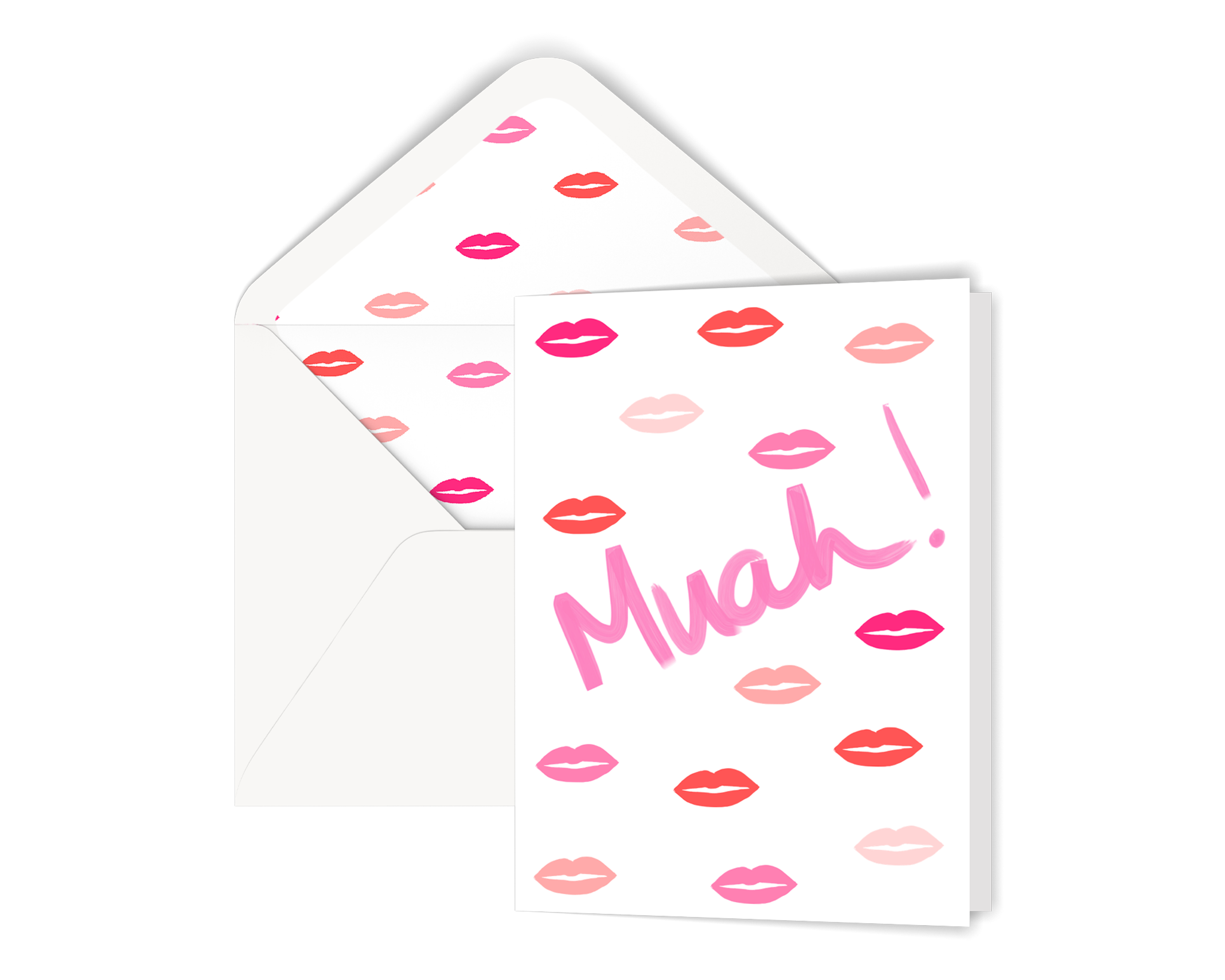 Our Muah Kiss greeting card is displayed with a white envelope. The envelope is lined with our lips pattern. The card has our illustrated lips pattern on the front and the hand lettered word muah.