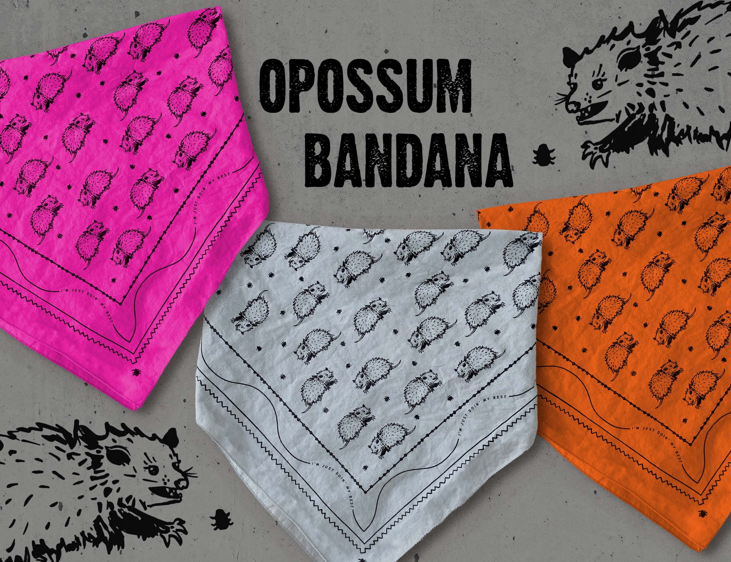 Sugar Camp Opossum bandanas in hot pink, soft gray, and burnt orange, sit over speckled gray background, and flanked by two cantankerous looking marsupials reaching for a juicy tick.