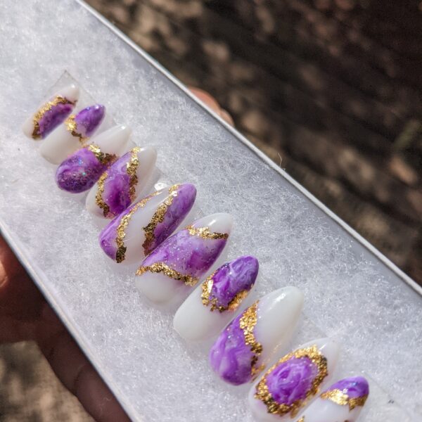 Purple Crystal Palace – purple and gold marble geode False Press-On Nail Extensions 10pcs