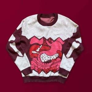 A gray sweater with a design of guts spilling out of the middle