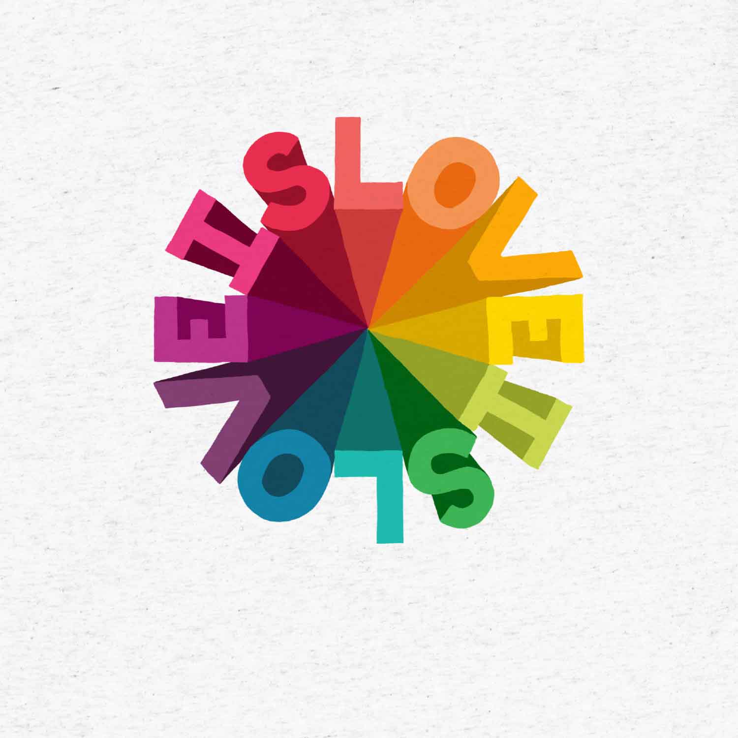 Detail of a t-shirt design that says LOVE IS LOVE in a rainbow circular design