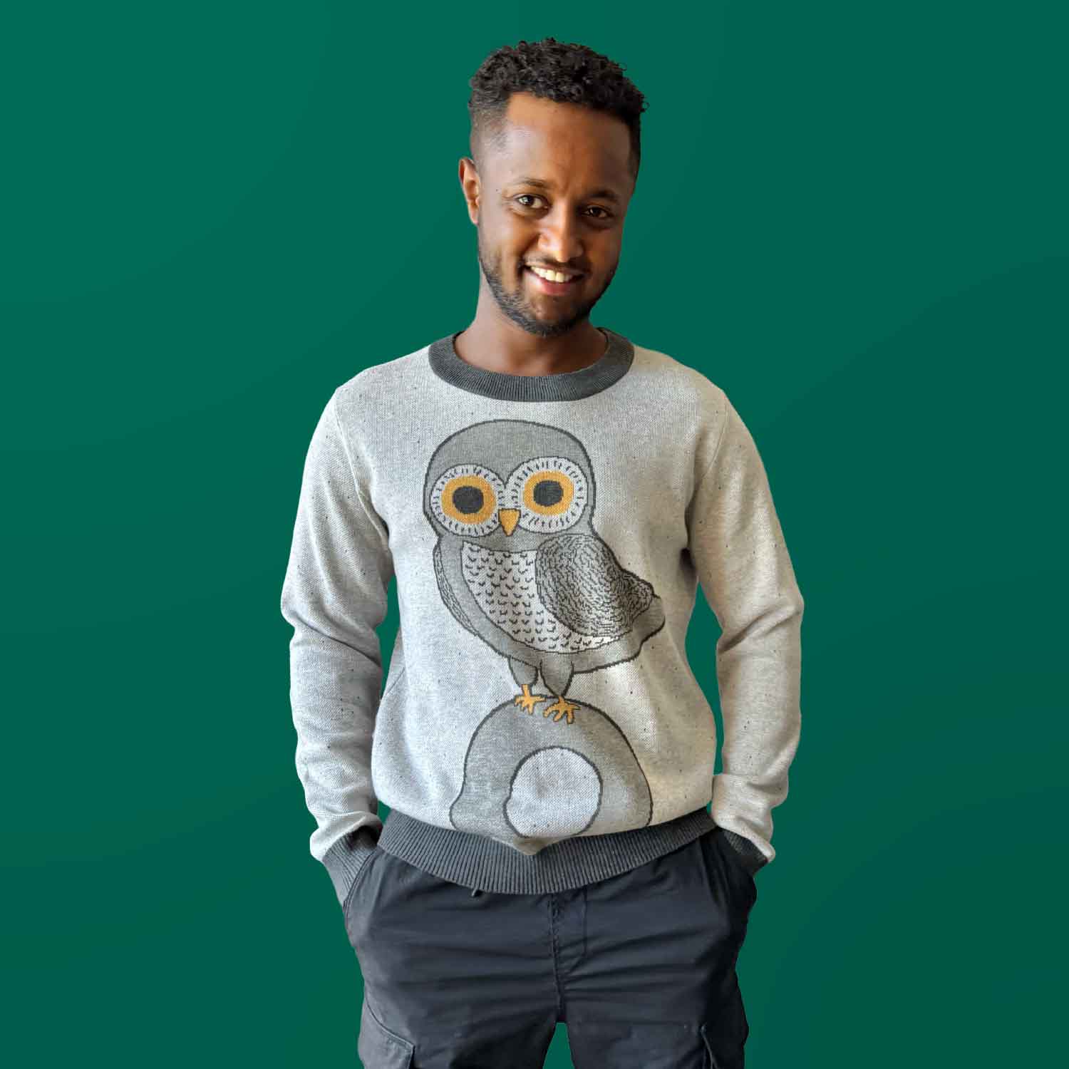 A man wearing a gray sweater with a darker gray owl design on the front