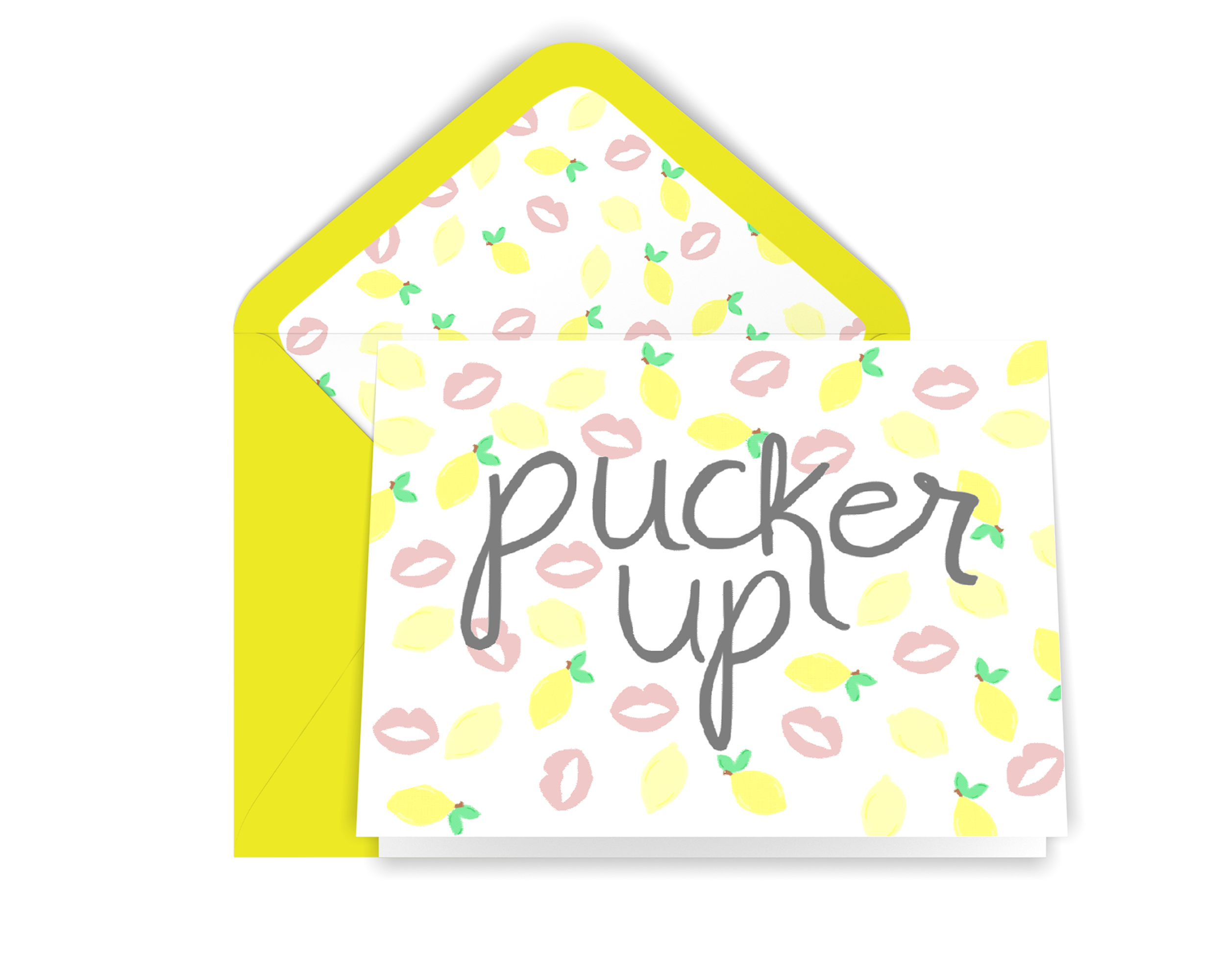 Greeting card with pattern of illustrated yellow lemons and pink lips with "pucker up" written in gray calligraphy. Yellow envelope lined with same pattern.