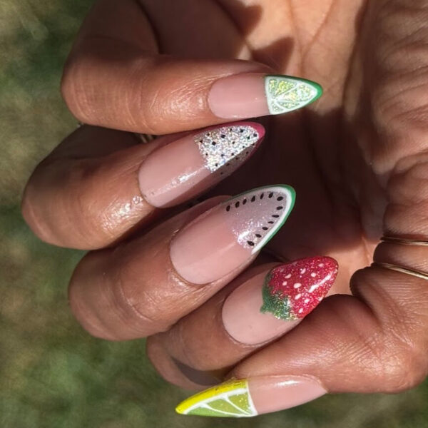 Fruity Phalanges – Fruit Themed Cat-Eye Half French Tip Press-On Nail Extensions 10pcs