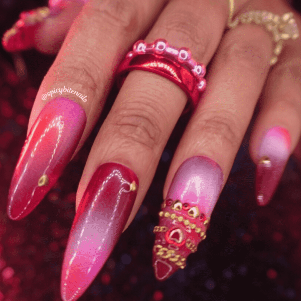 Hearts & Heirlooms – Red and Pink Aura Gold Bangle Press-On Nail Extensions 10pcs