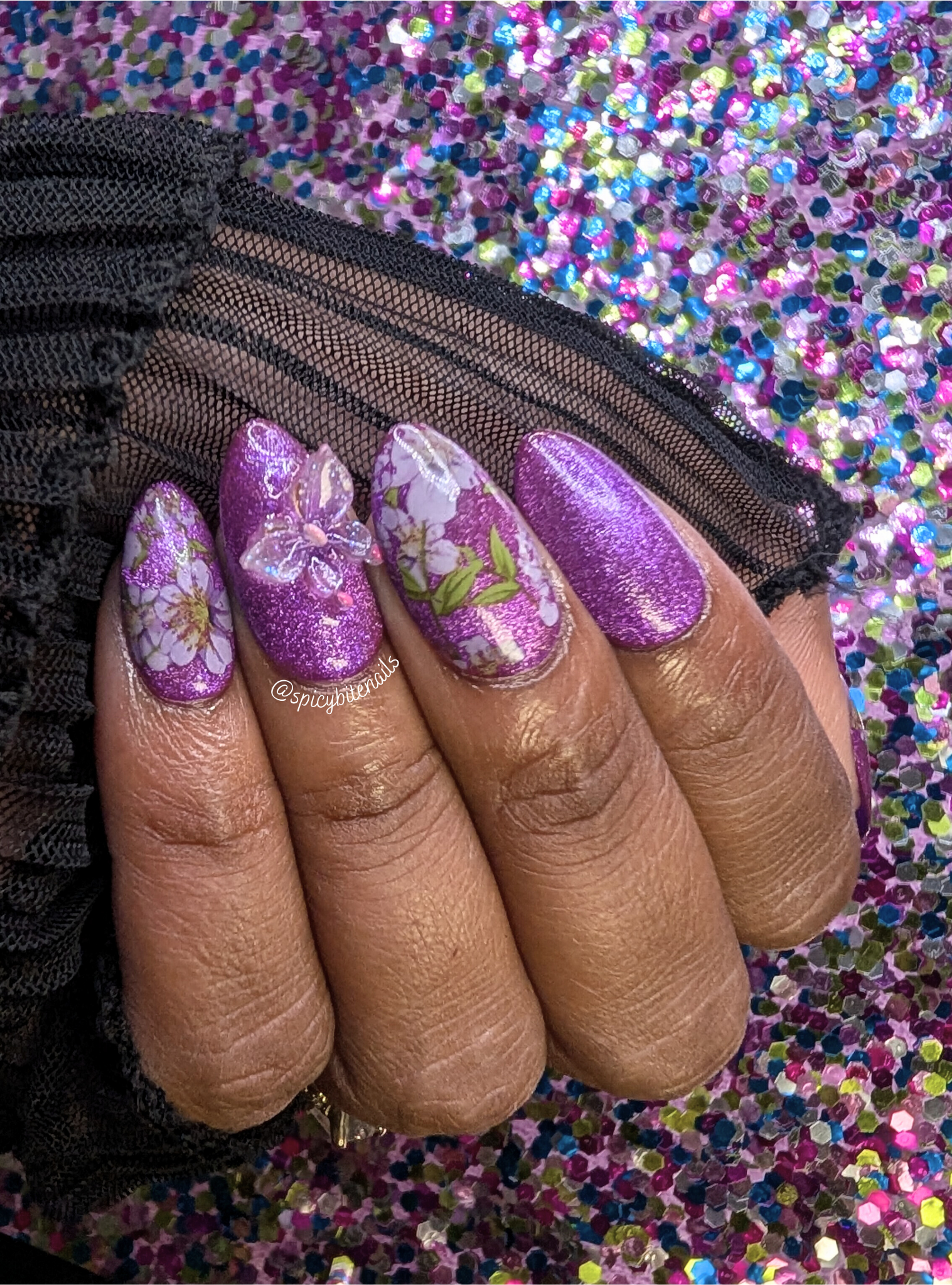 Fields of Amethyst - Purple Cat-Eye, Butterfly and White Flower False Press-On Nail Extensions 10pcs - Image 2