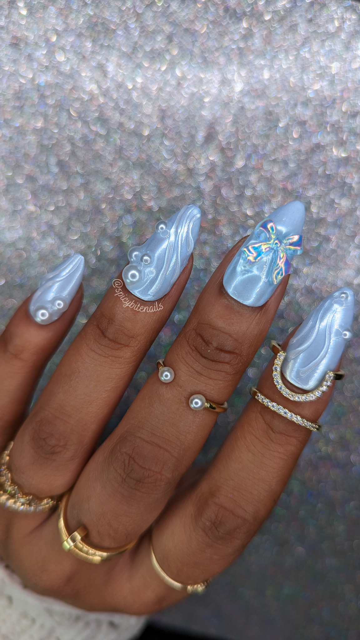 The Blue Pearl - Blue and White Chrome Pearl Coquette False Press-On Nail Extensions 10pcs - Image 2