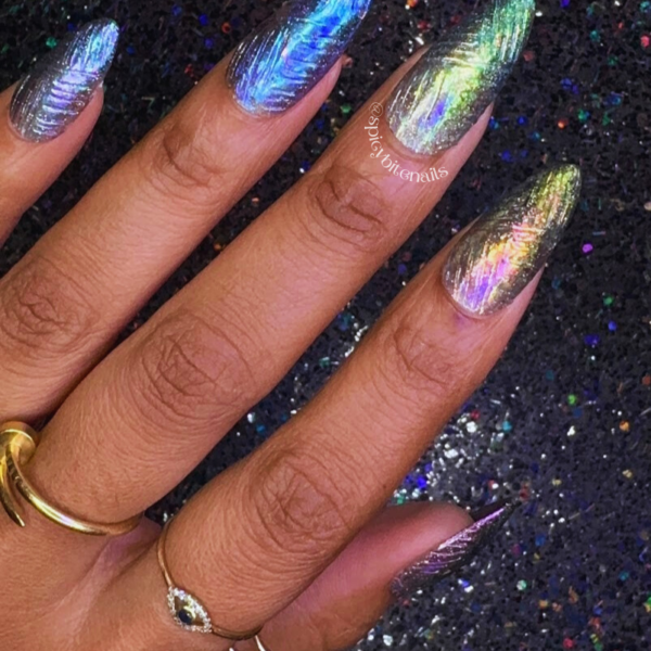 Lunar Static – Sheer Black Rainbow Holographic and 3D Textured Press-On Nail Extensions 10pcs