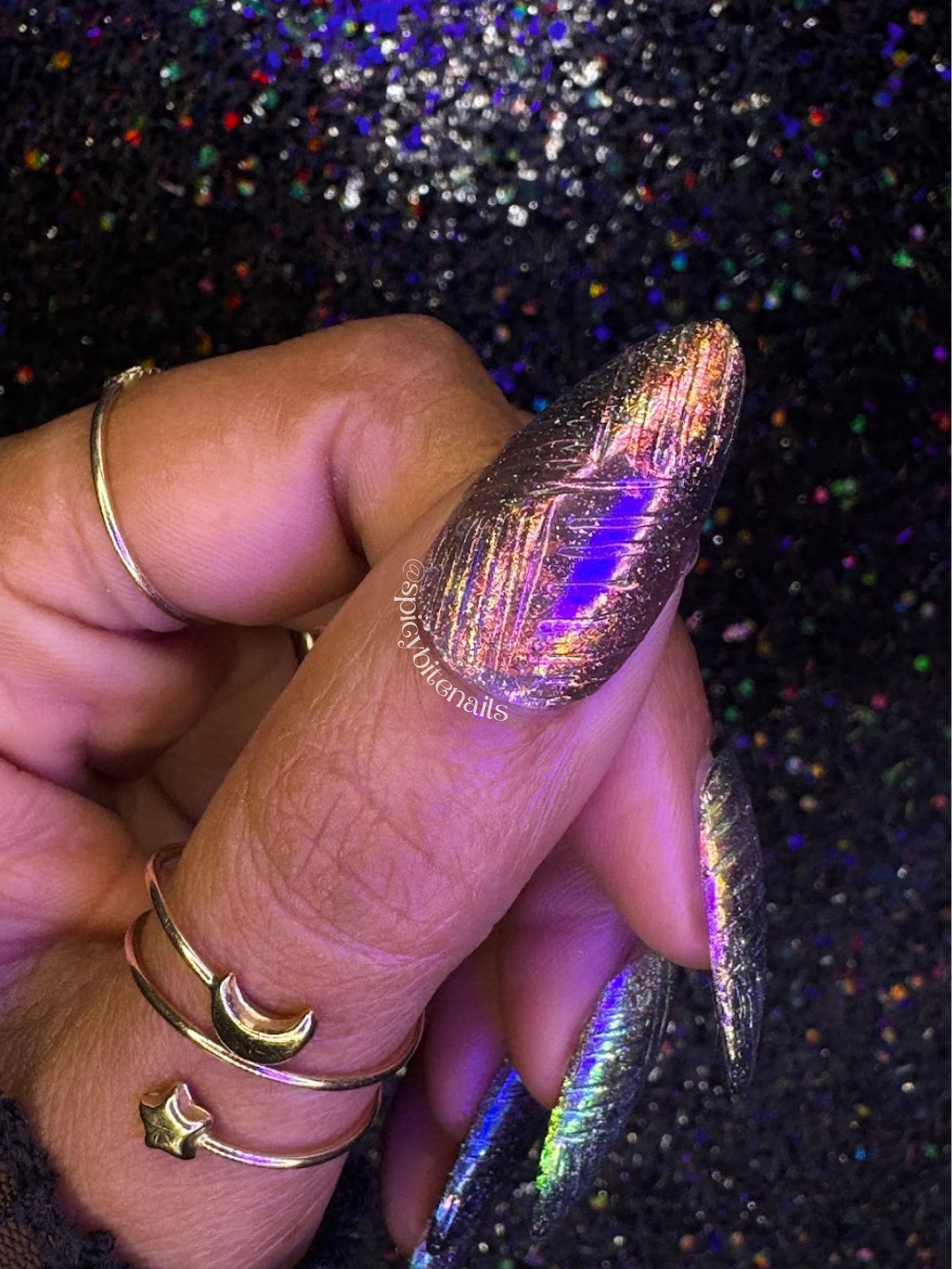 Lunar Static - Sheer Black Rainbow Holographic and 3D Textured Press-On Nail Extensions 10pcs - Image 3