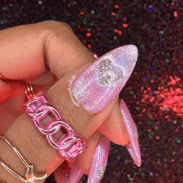 Sugar Rush – Pink and Silver Cat-Eye Heart Press-On Nail Extensions 10pcs