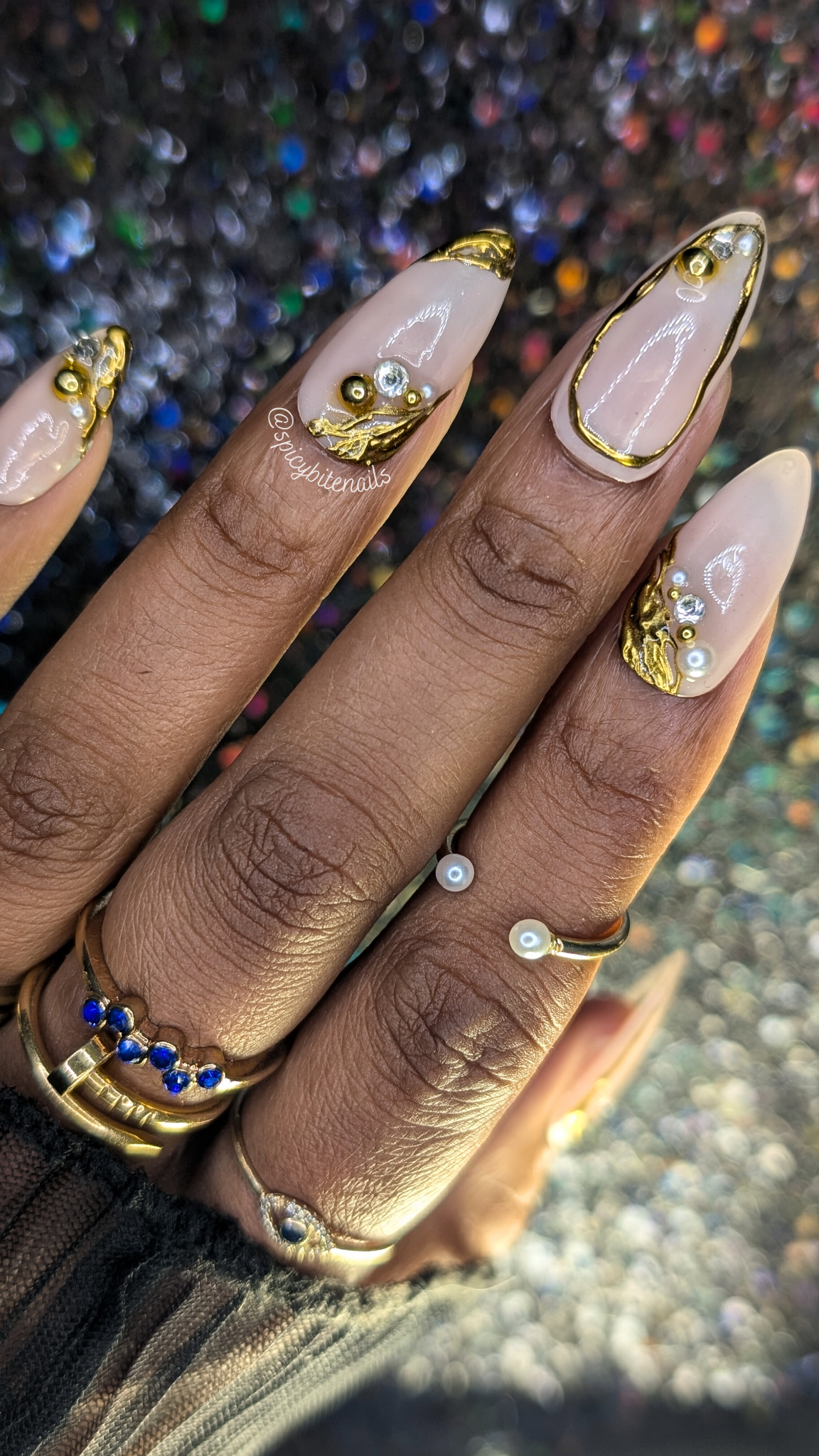 The Goddess - Classy Nude, Pearl and Gold Chrome Abstract False Press-On Nail Extensions 10pcs - Image 2