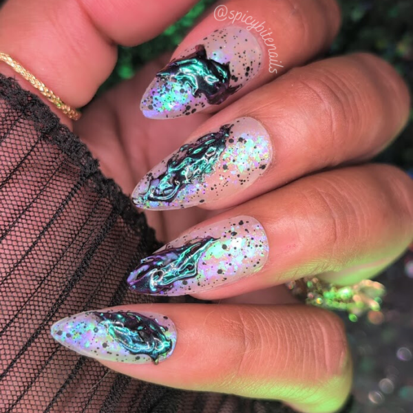 Urusla’s Toxic Sludge – Black, White and Purple Iridescent 3D Slime False Press-On Nail Extensions 10pcs