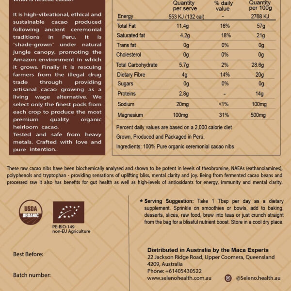 Seleno Health Ceremonial Cacao Nibs – 250 grams