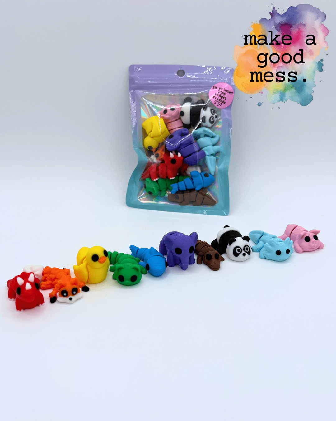 tiny fidget friends in an array of rainbow inspired colors