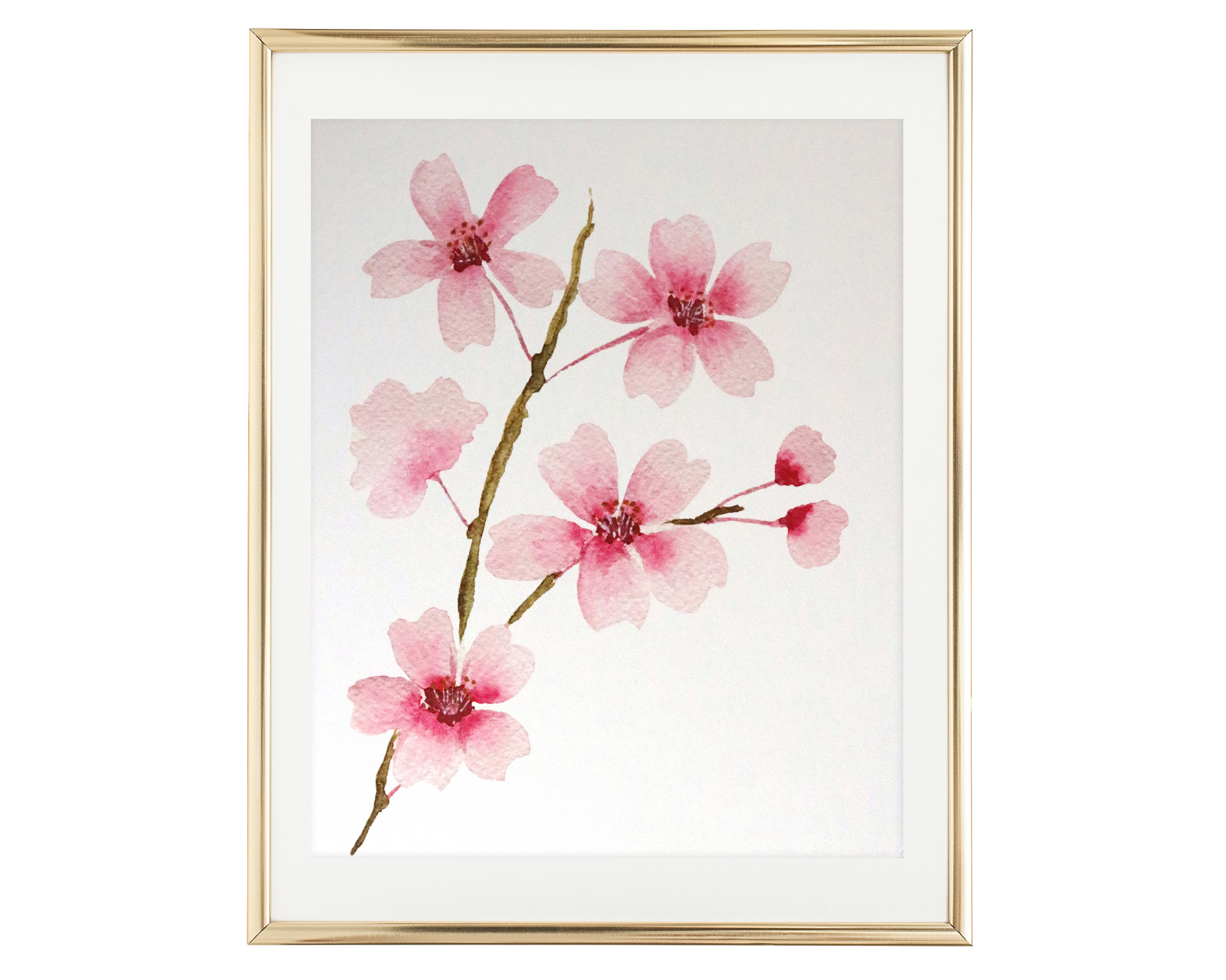 Photo of our Watercolor Cherry Blossom Branch Art Print in a gold frame with a vertical orientation. The art print features a watercolor painting of a single branch of pink cherry blossoms.