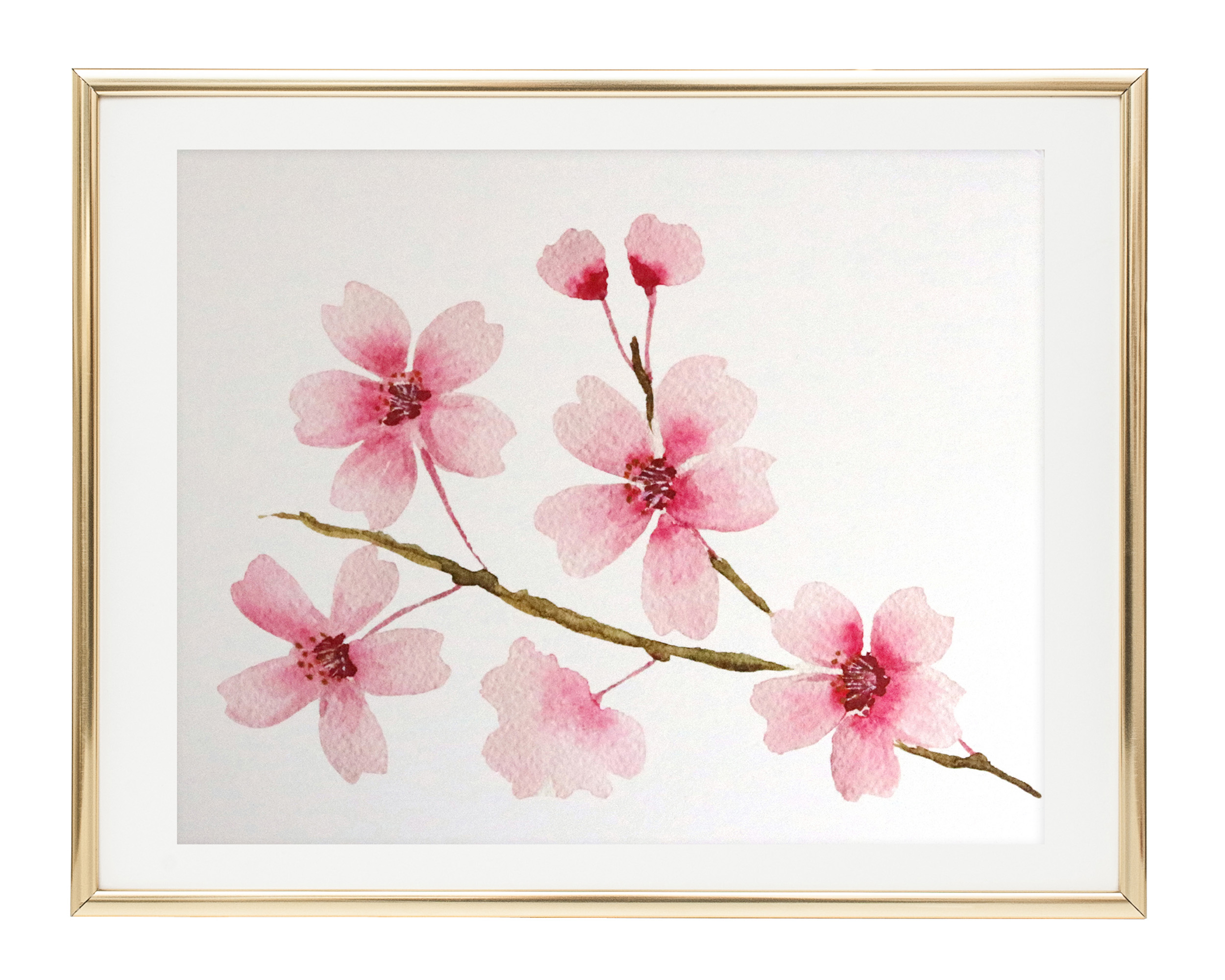 Photo of our Watercolor Cherry Blossom Branch Art Print in a gold frame with a horizontal orientation. The art print features a watercolor painting of a single branch of pink cherry blossoms.