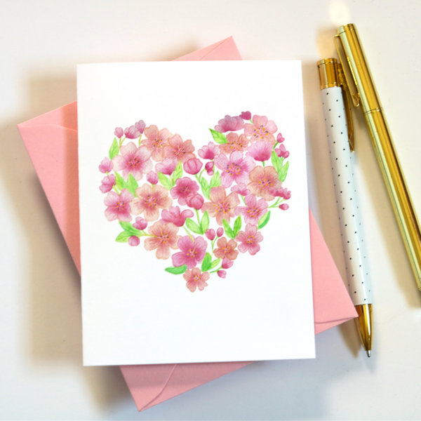 Watercolor Cherry Blossom Heart Greeting Card Stationery Set