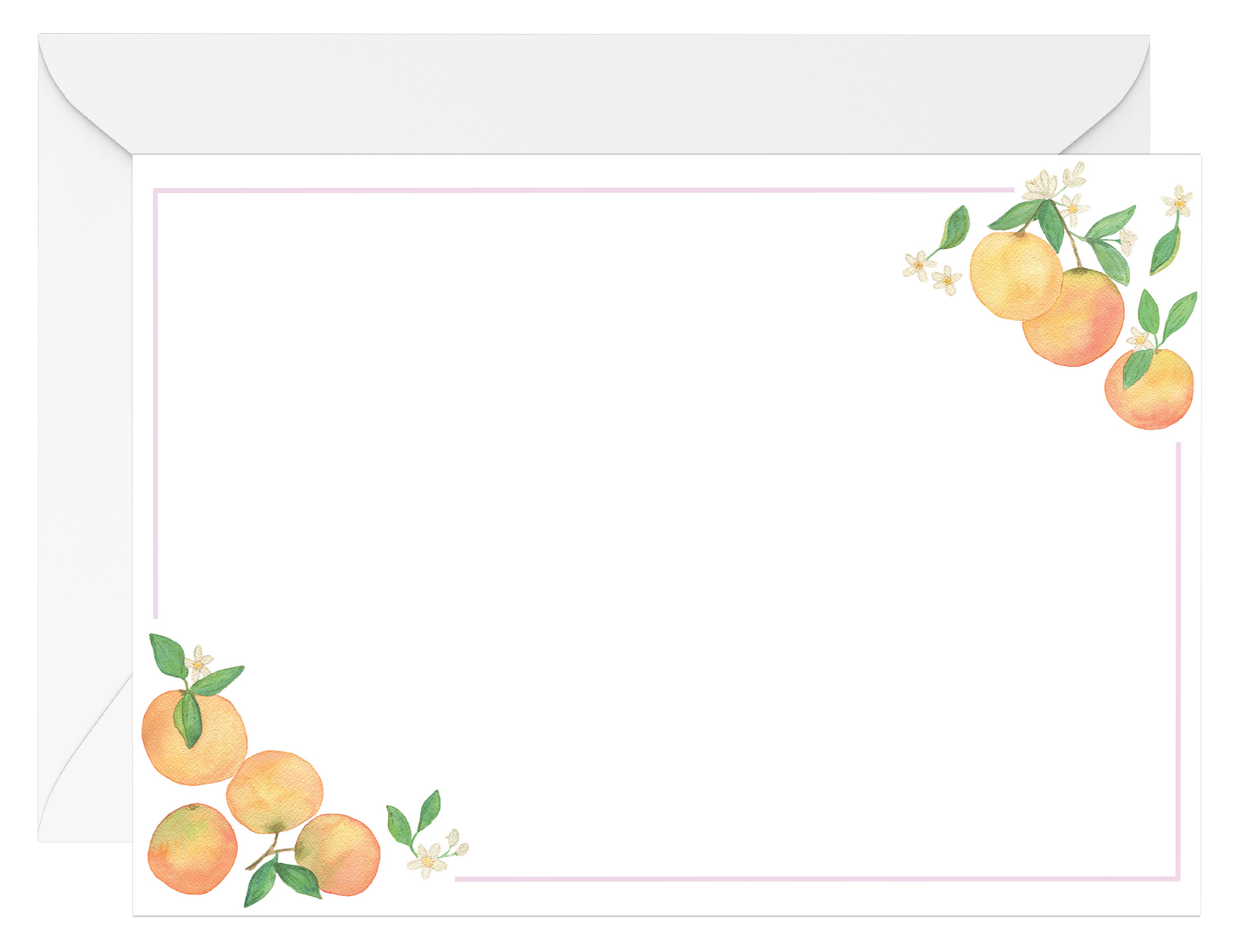 Photo of our Watercolor Clementine Notecard Stationery Set. The notecard features our watercolor clementines in two corners connected by a pastel lavender border. The notecard is on a white envelope.