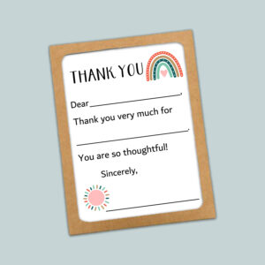 boho rainbow and sun thank you card for kids