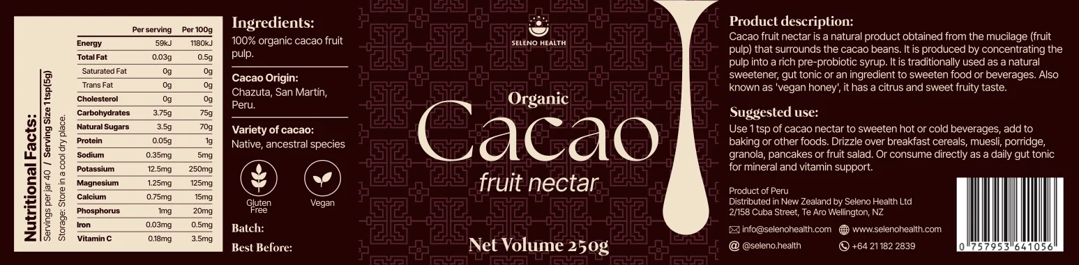 Seleno Health Cacao Fruit Nectar label