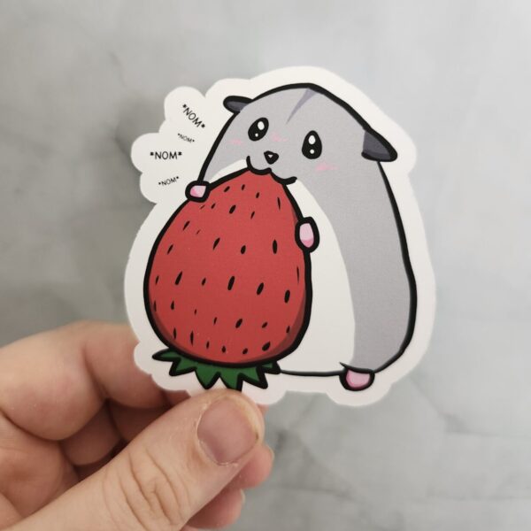 Nom Nom Nom Hamster Eating Strawberry Vinyl Sticker 3″