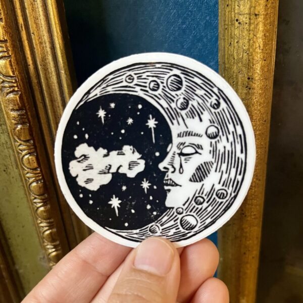 Sad Moon Sticker – weatherproof adhesive, UV protective laminate