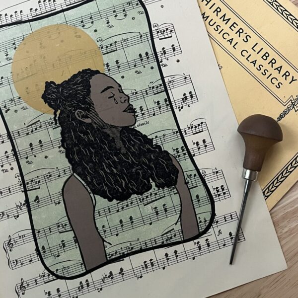 “Let the music move you” limited edition reduction linoleum block print – music sheet art