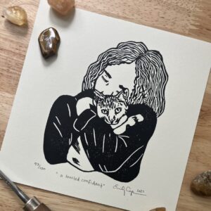 “A trusted confidant” limited edition linoleum block print - cat lover print