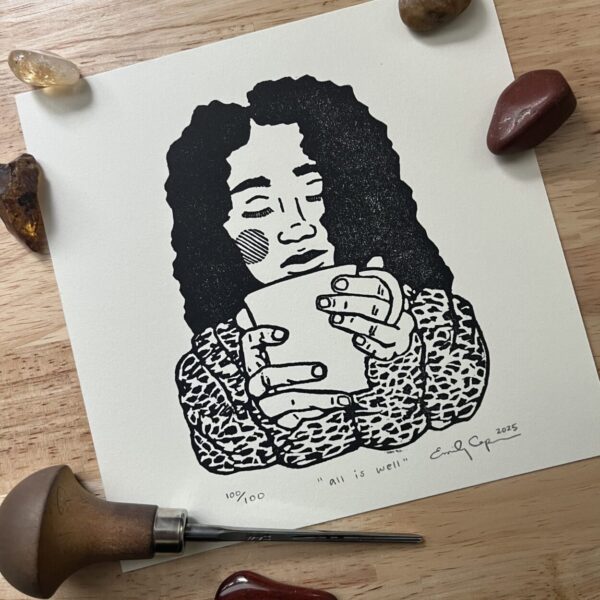 “All is well” limited edition linoleum block print – tea lovers, coffee lovers, linocut