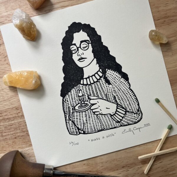 “Make a wish” limited edition linoleum block print – candlestick print, cozy artwork